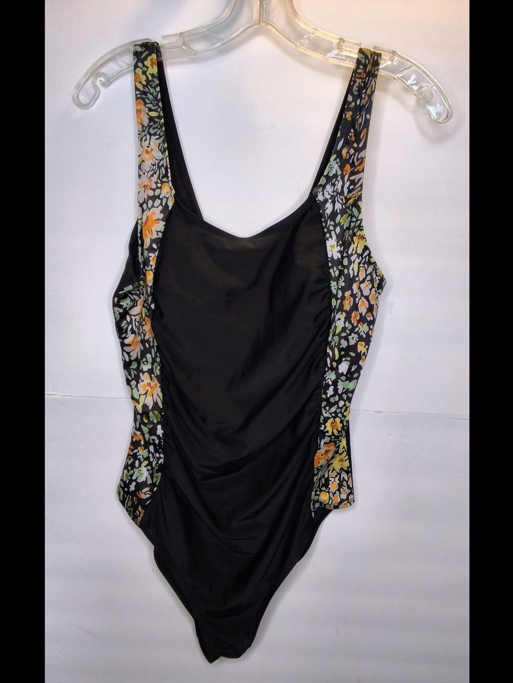 Tummy Control Black One-Piece Swimsuit with Floral Side Panels